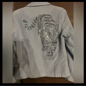 Striped Blue seersucker lightweight blazer with a crystal beaded tiger on back.